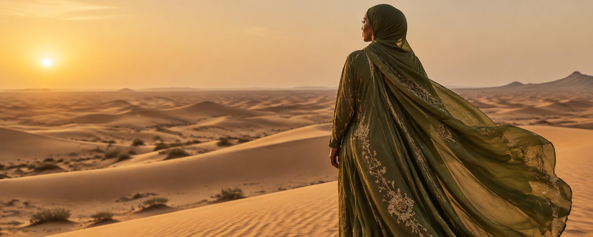 Woman in an olive embroidered dirac among golden sand dunes